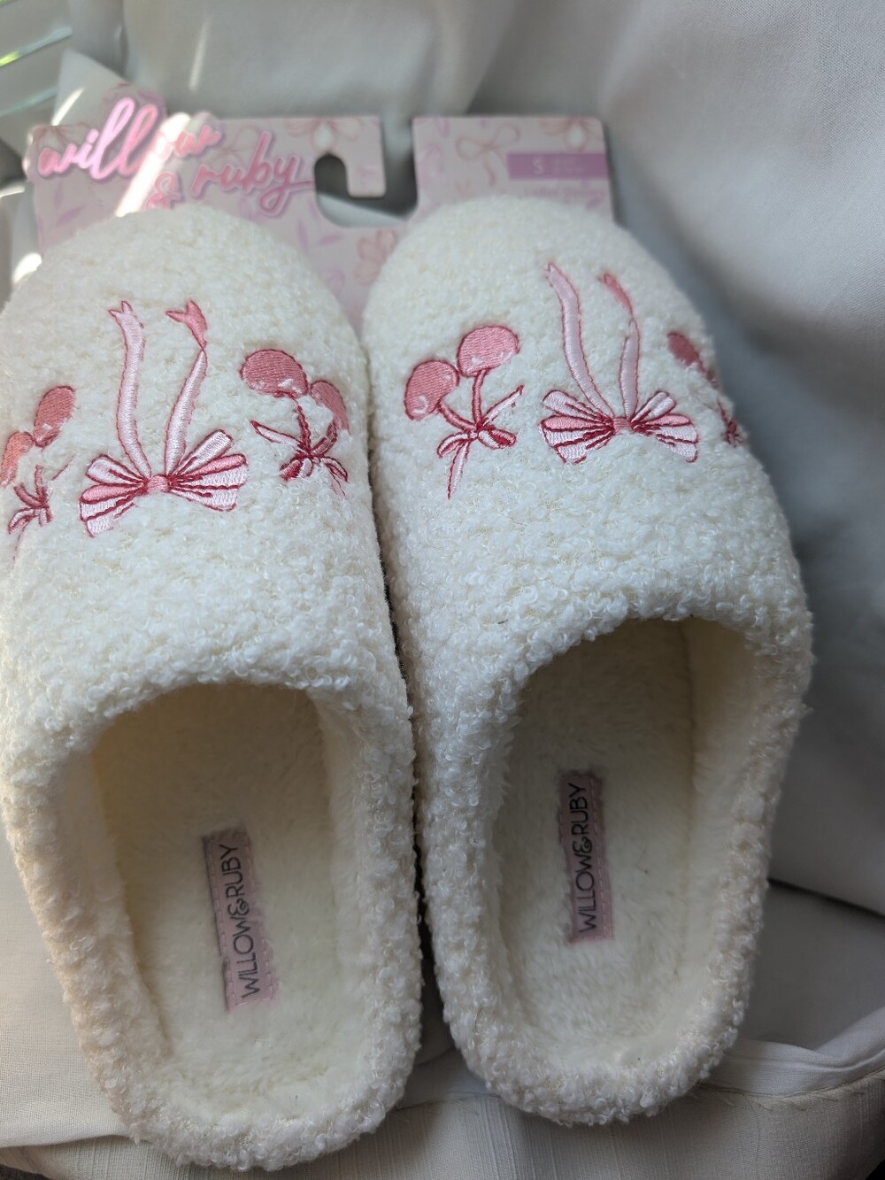 Willow & Ruby Cream Fuzzy Slipper Mules with Pink cherries And Bows Embroidery